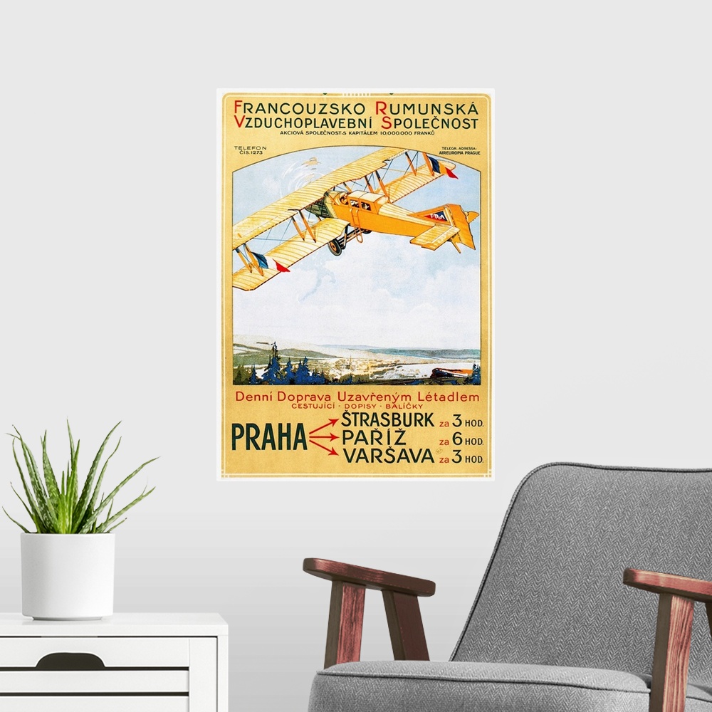 A modern room featuring Poster for the Franco-Roumaine passenger airline which flew between Eastern Europe and France, de...