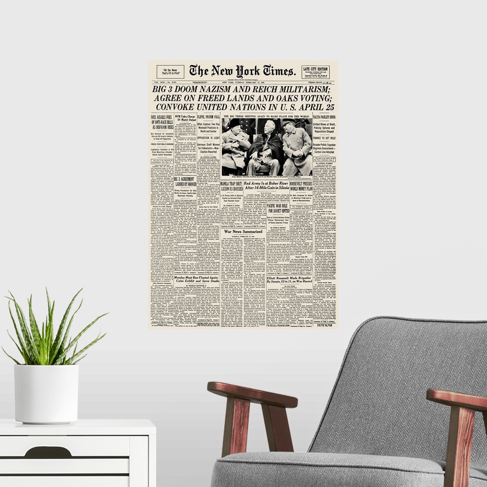 A modern room featuring Front page of The New York Times, 13 February 1945, reporting on the Yalta Conference towards the...