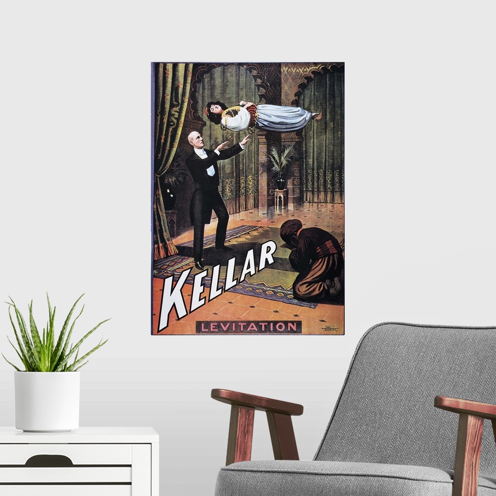 A modern room featuring American poster of magician Harry Kellar's 'Levitation of the Princess Karnac'.