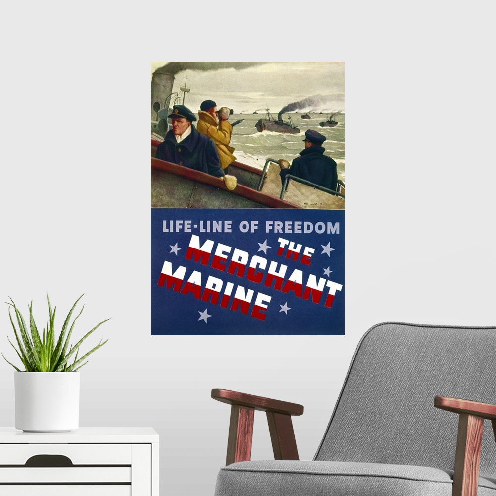 A modern room featuring 'Life-Line of Freedom - The Merchant Marine.' Poster by Paul Sample, c1944.