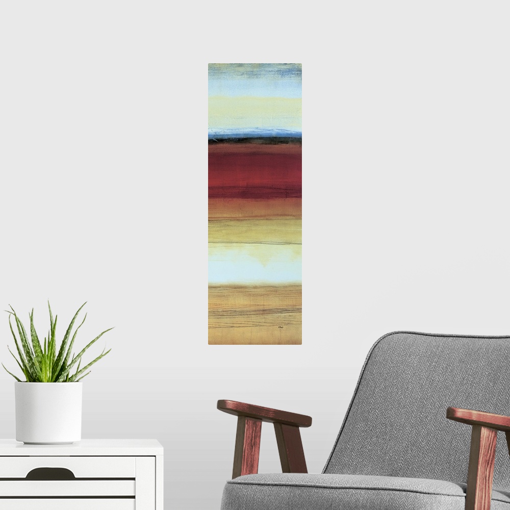 A modern room featuring Contemporary abstract painting using vibrant earth tones.
