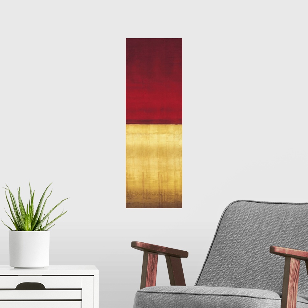 A modern room featuring Contemporary color field painting using golden yellow tones meeting a dark red tone in the center...