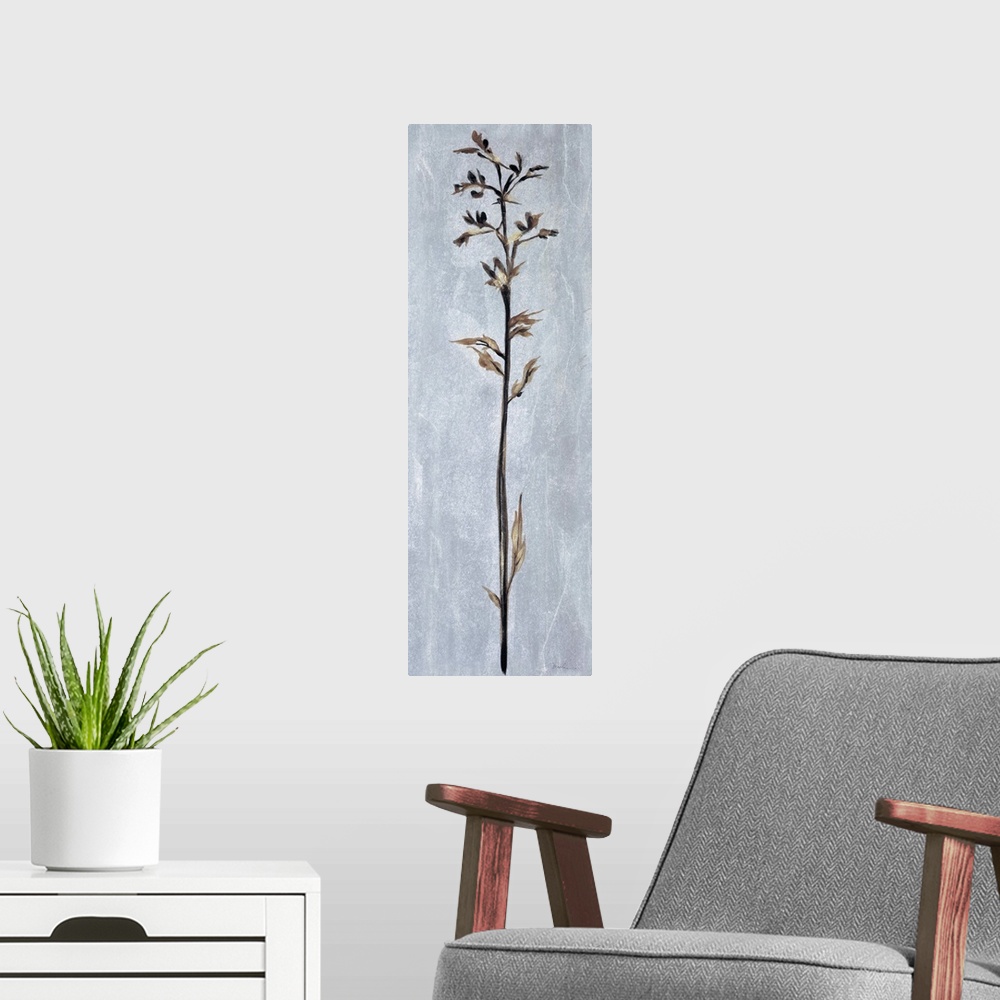 A modern room featuring Contemporary painting of a tall thin flower against a pale gray almost like stone.