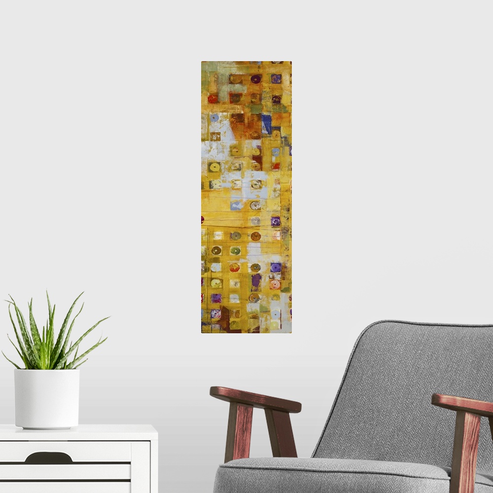 A modern room featuring An abstract geometric painting using earthy tones.
