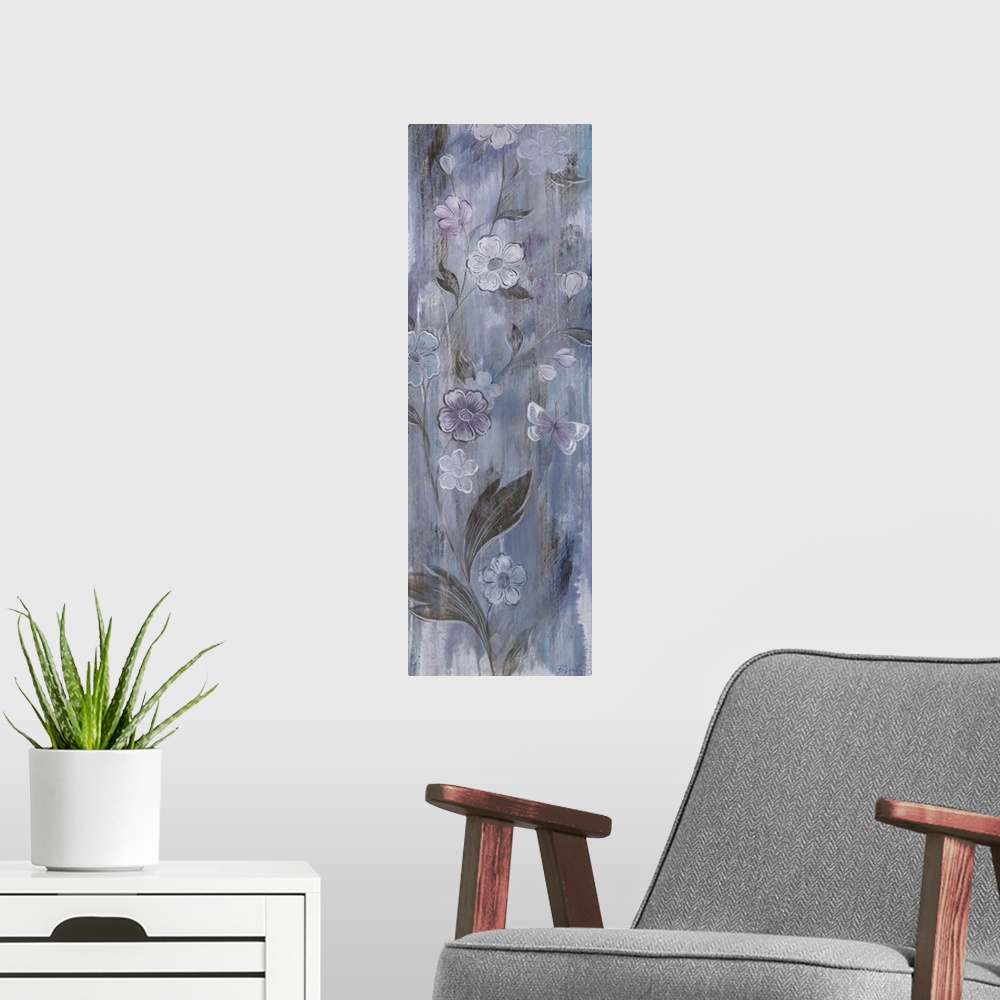 A modern room featuring Contemporary painting of pale icy blue flowers against a muted purple background.