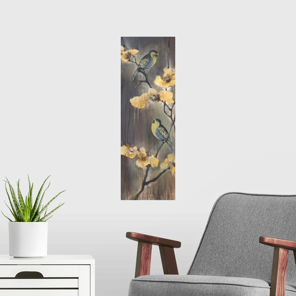 A modern room featuring Contemporary painting of two bluebirds perched on flower branches.