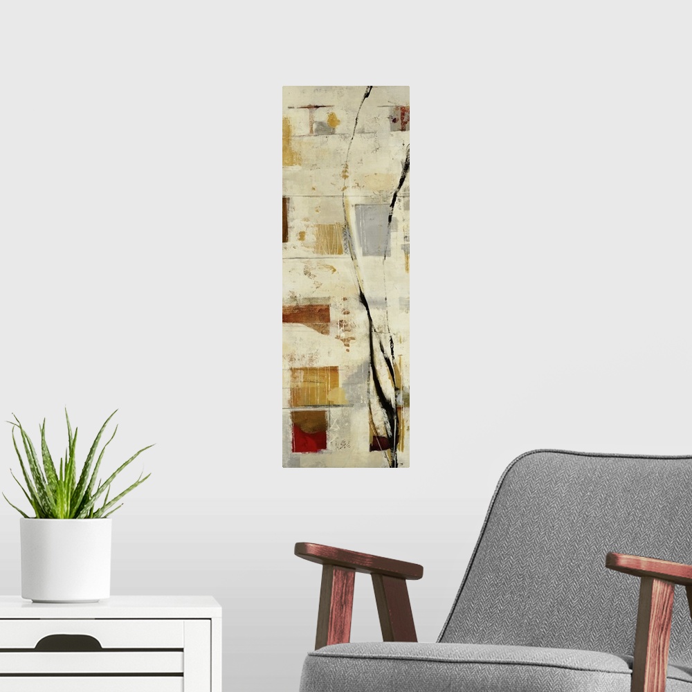 A modern room featuring Contemporary abstract painting using pale earth tons.