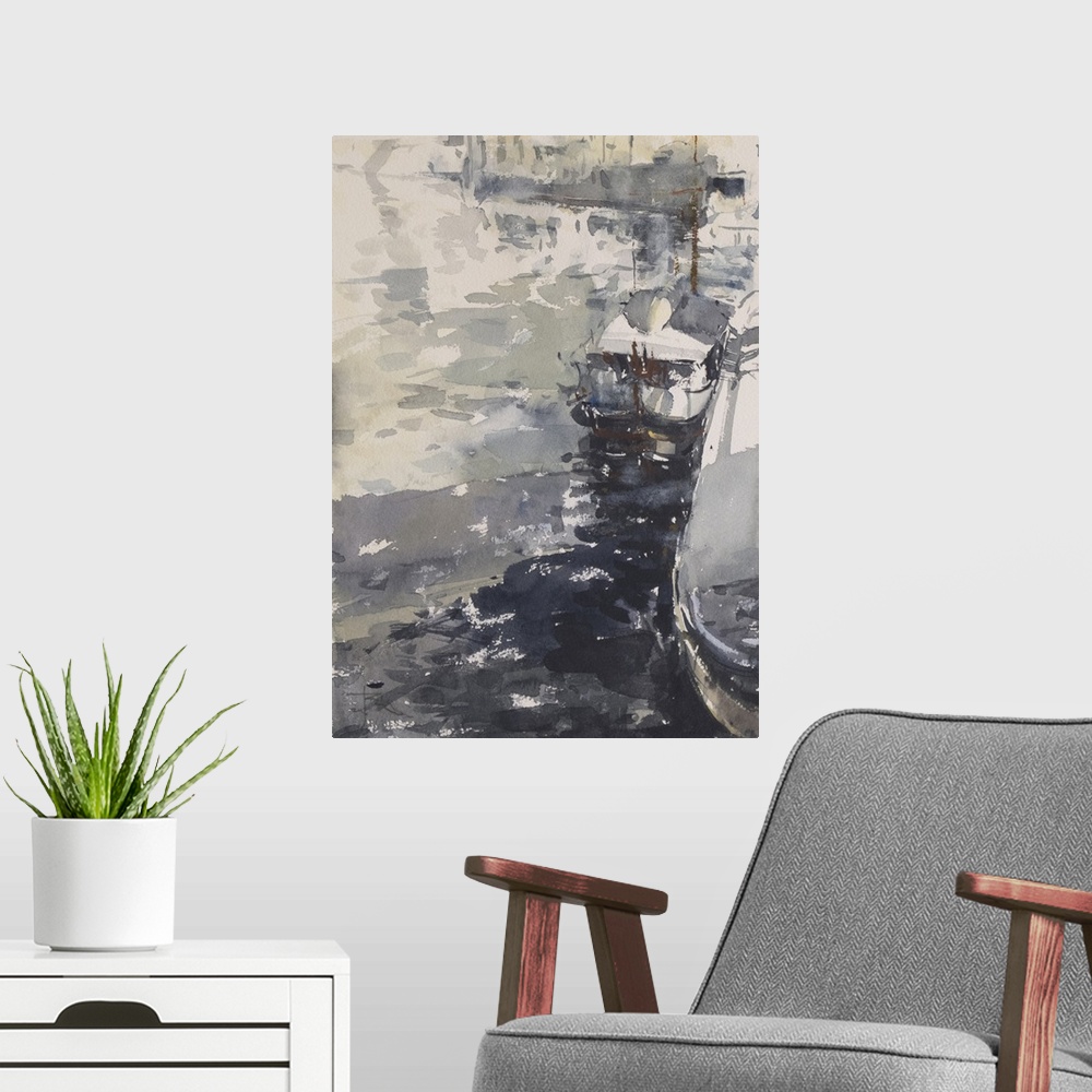 A modern room featuring This contemporary artwork features dry watercolor brush strokes and heavy shadows to create a sol...