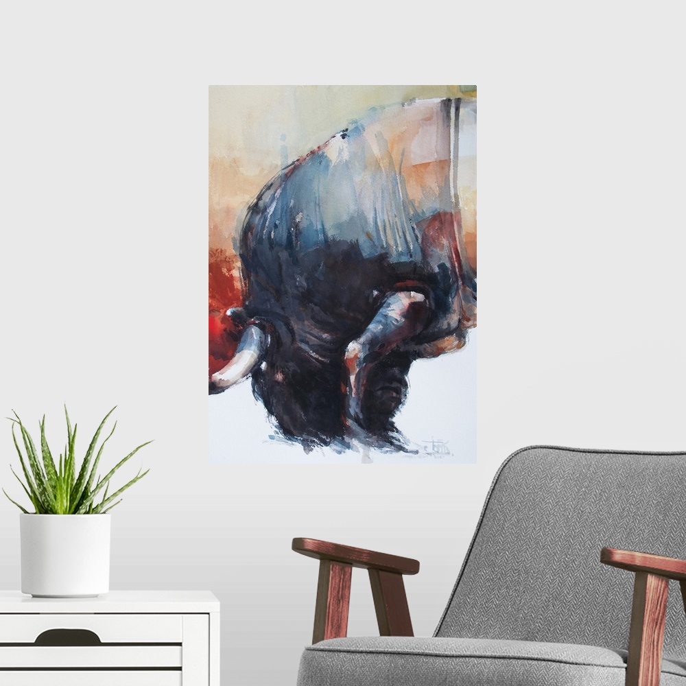 A modern room featuring This contemporary artwork is the first half of a watercolor diptych of a falling bull.