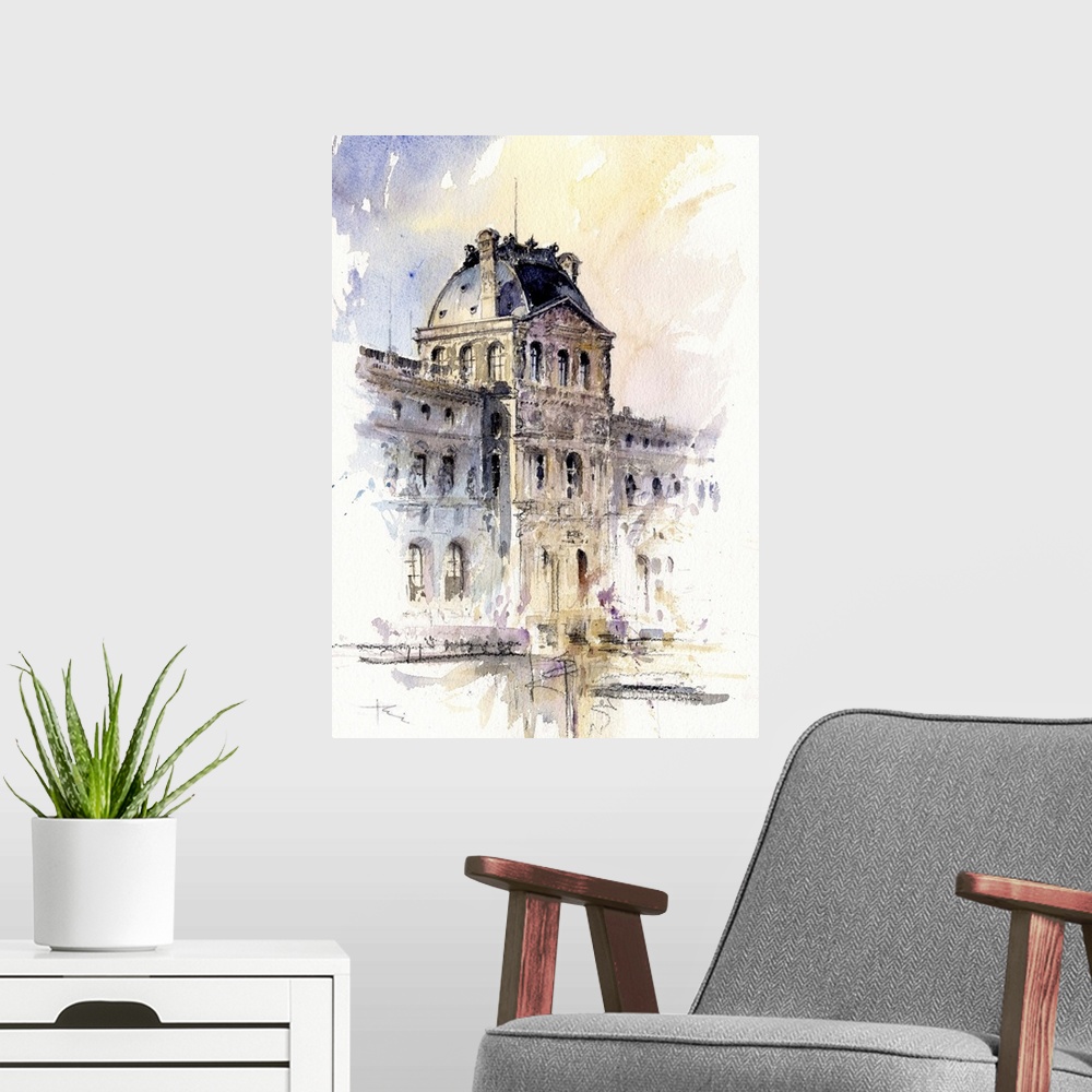 A modern room featuring This contemporary artwork is a quick watercolor sketch of the architectural details of the Lourve...