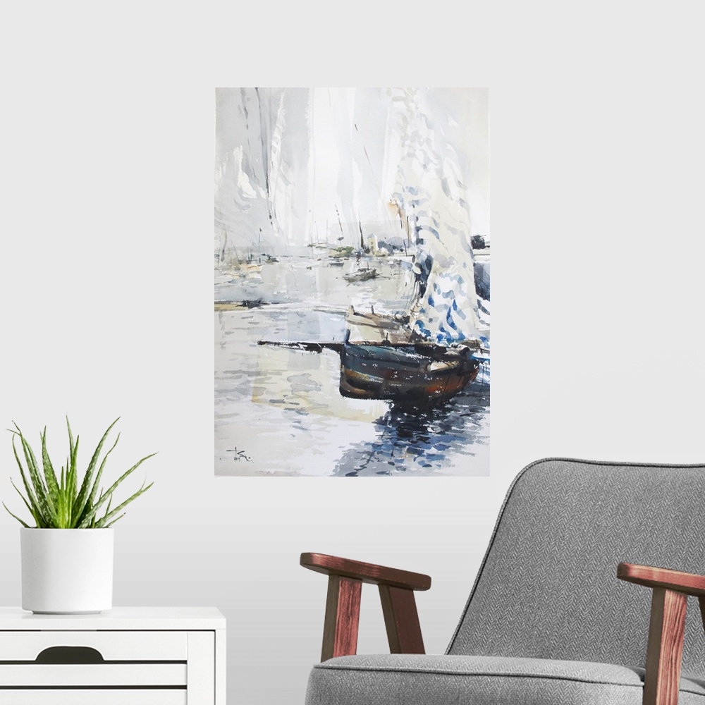 A modern room featuring Gestural brush strokes of dark watercolors illustrate a ship floating against a transparent lands...