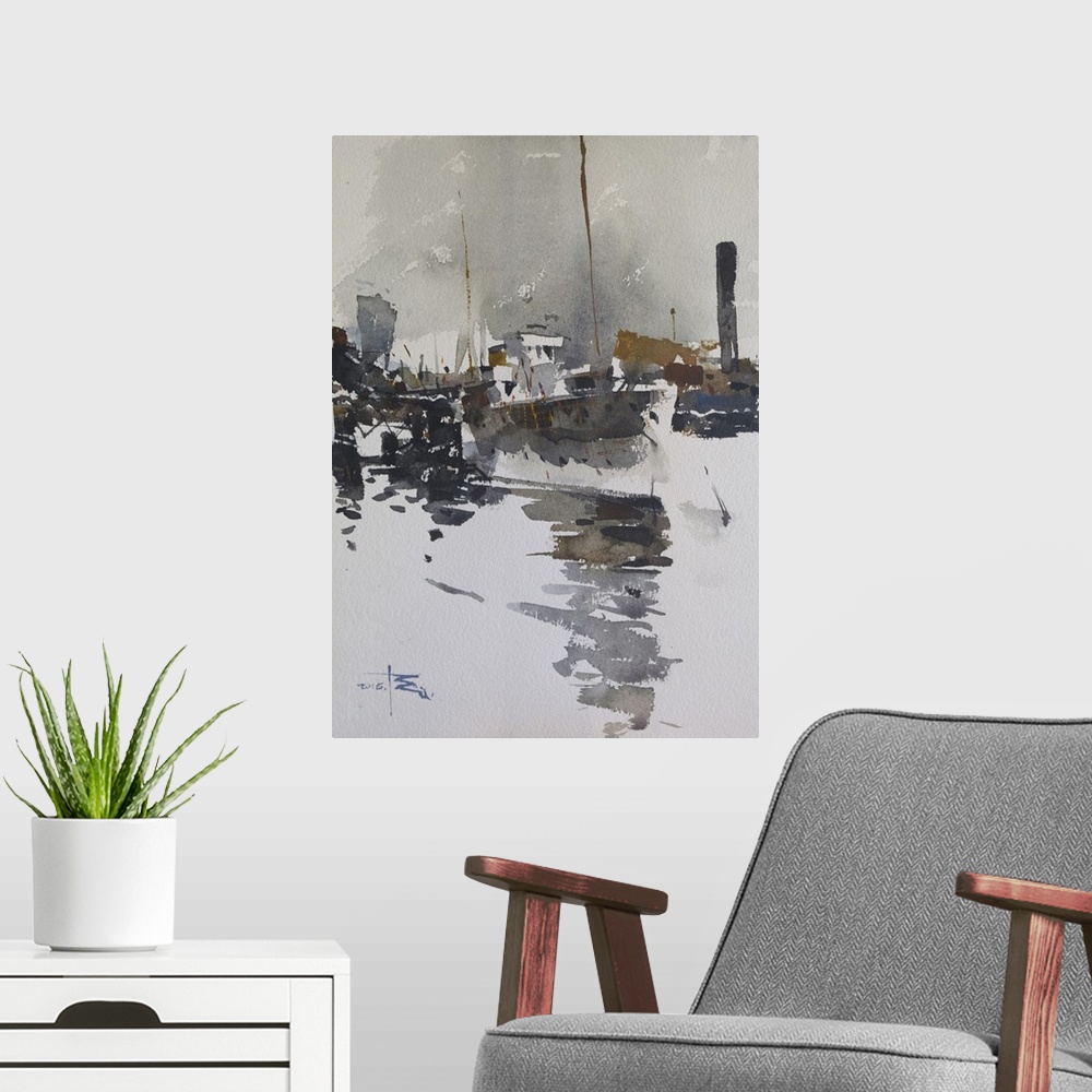 A modern room featuring This contemporary artwork features dry watercolor brush strokes and heavy shadows to create a Lon...