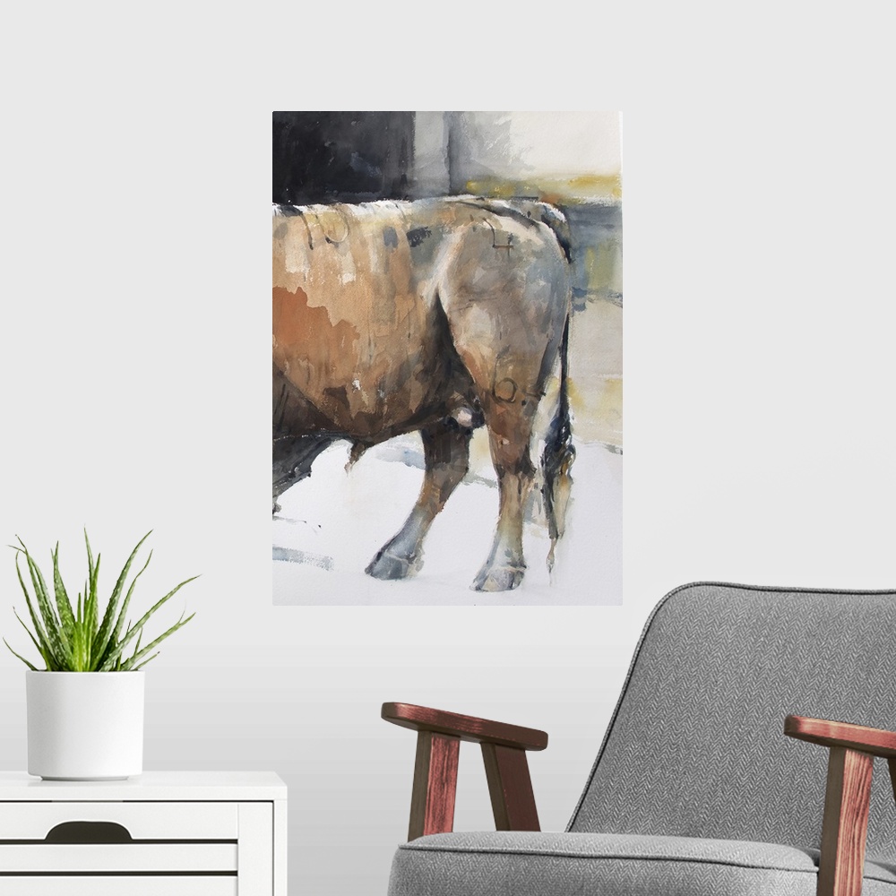 A modern room featuring This contemporary artwork is the second half of a watercolor bull diptych that displays the stren...