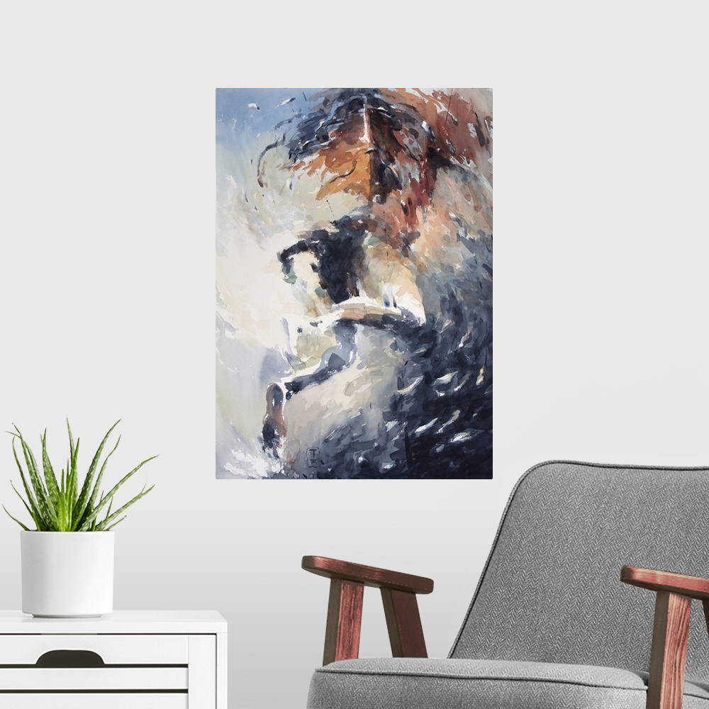 A modern room featuring This contemporary artwork offers a unique perspective of a swimmer diving under a fishing boat wi...