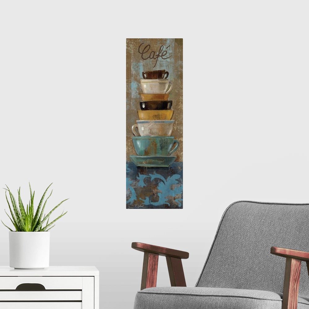 A modern room featuring Vertical painting of colorful stacked teacups on a textured background and indicating a Cafo in t...