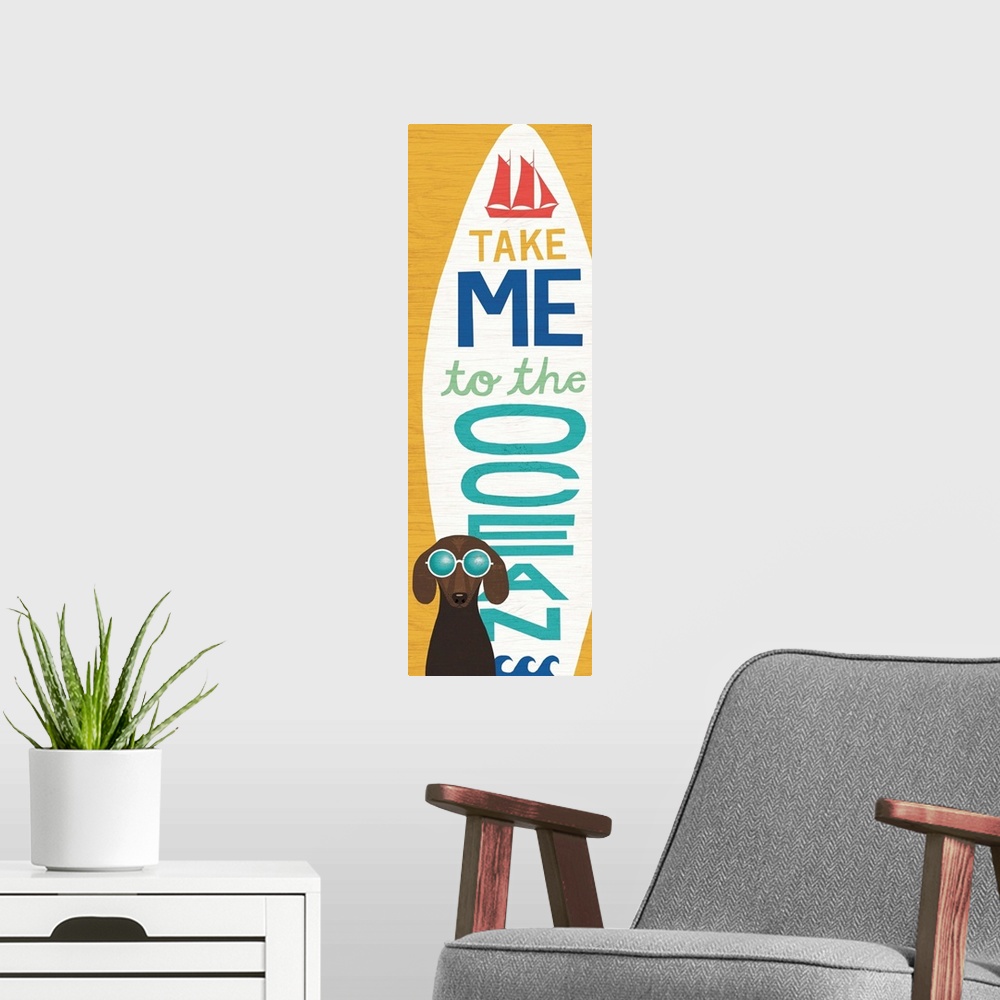 A modern room featuring "Take Me to the Ocean" surfboard with a dachshund wearing round sunglasses on a yellow background.