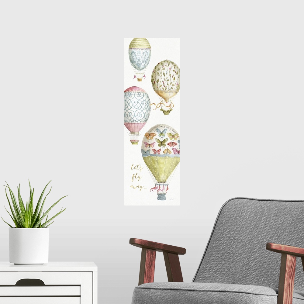 A modern room featuring Tall rectangular watercolor painting of four hot air balloons each with their own intricate desig...