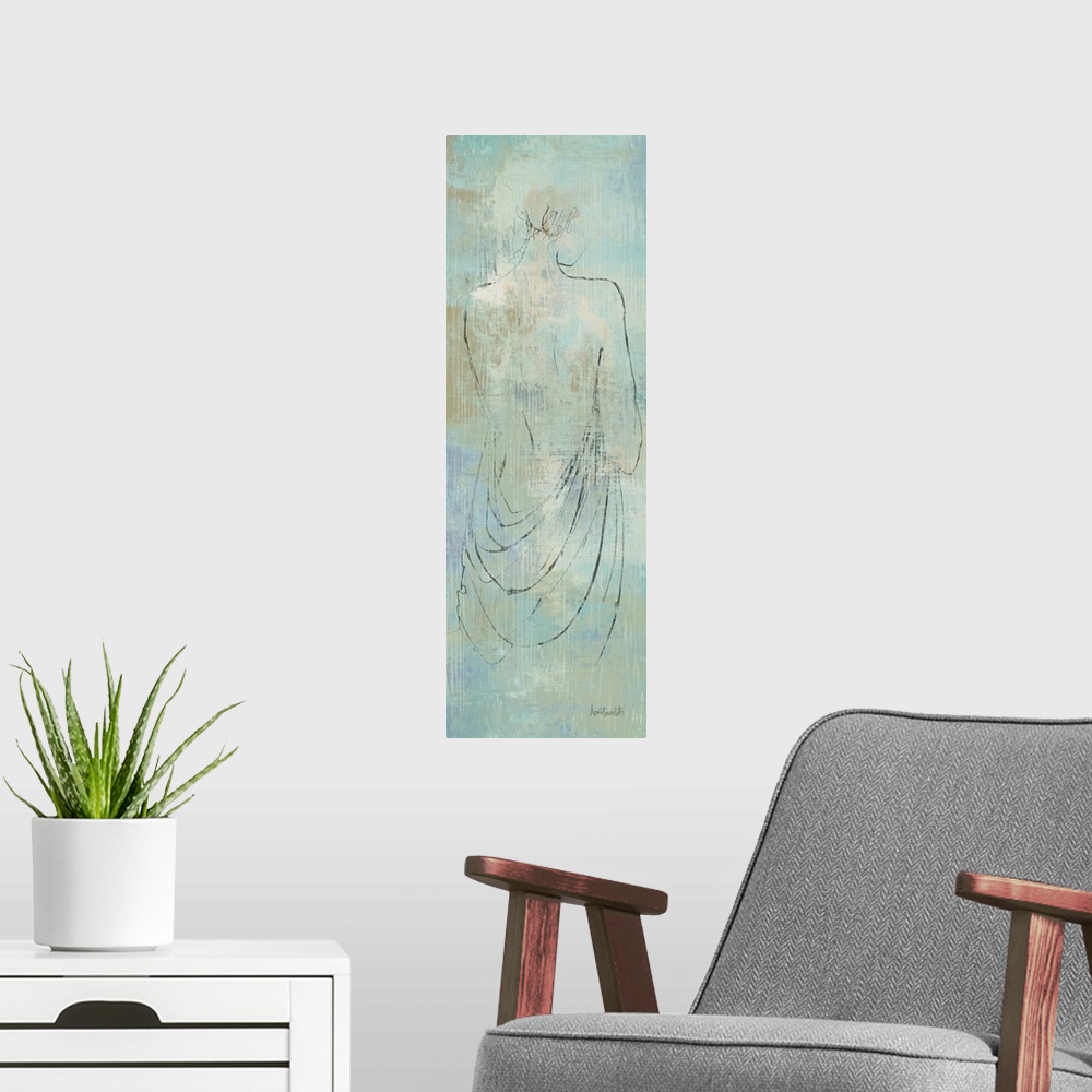 A modern room featuring Simple drawing of a nude figure over a textured background.