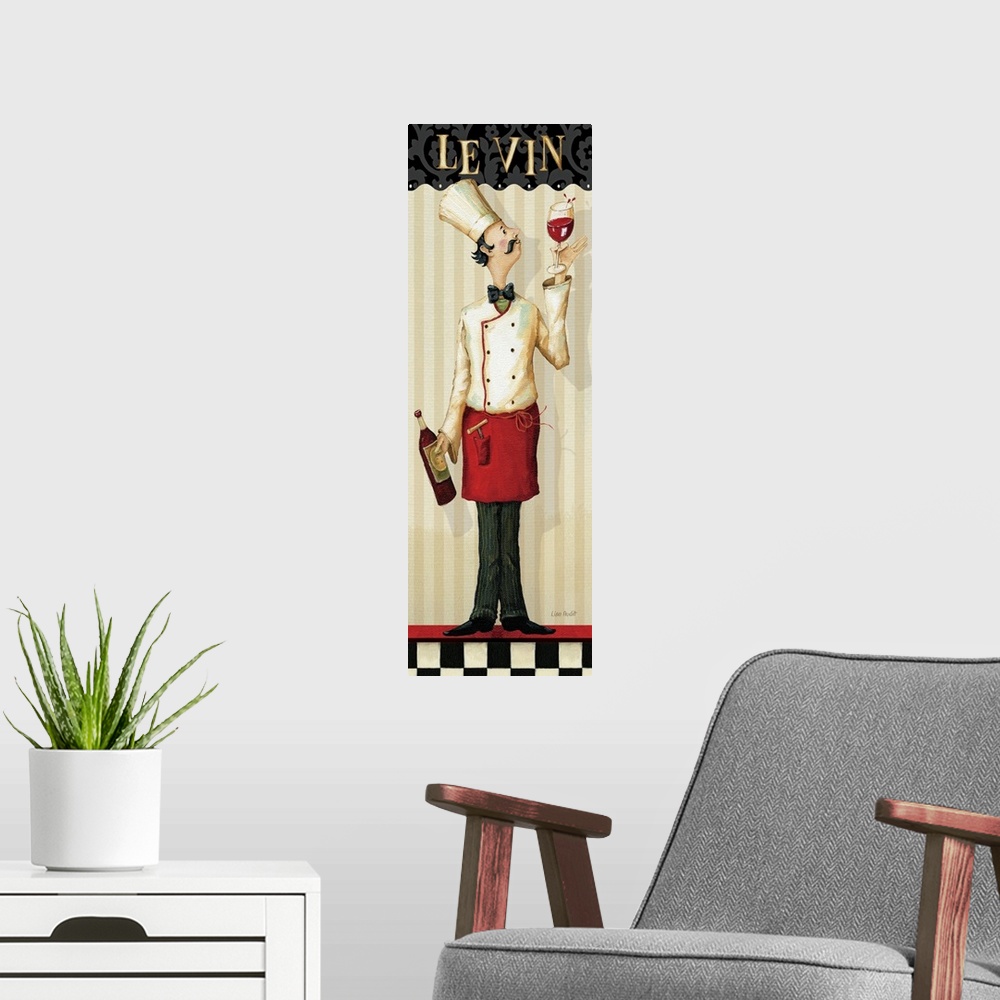 A modern room featuring Artwork perfect for the kitchen that is a vertical print showing a chef holding a bottle of wine ...