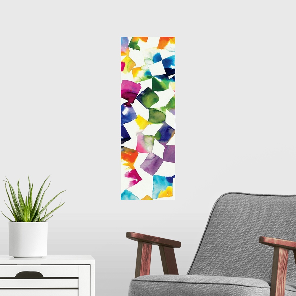 A modern room featuring Colorful abstract artwork of square shapes in bright rainbow colors.