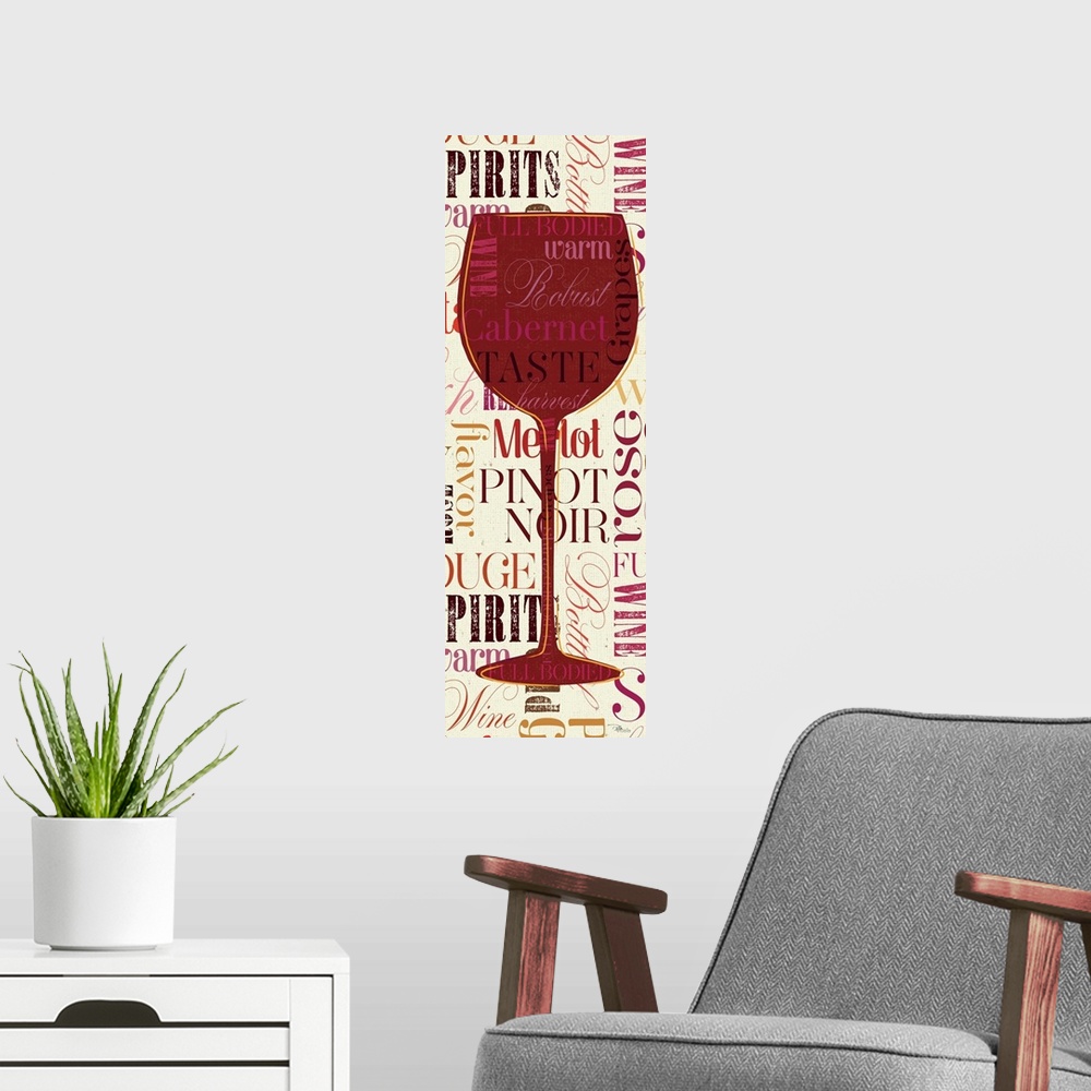 A modern room featuring Contemporary artwork of a red wine glass against a background of text.