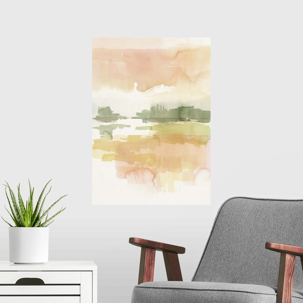 A modern room featuring Watercolor painting of a simple landscape in soft pink morning light.