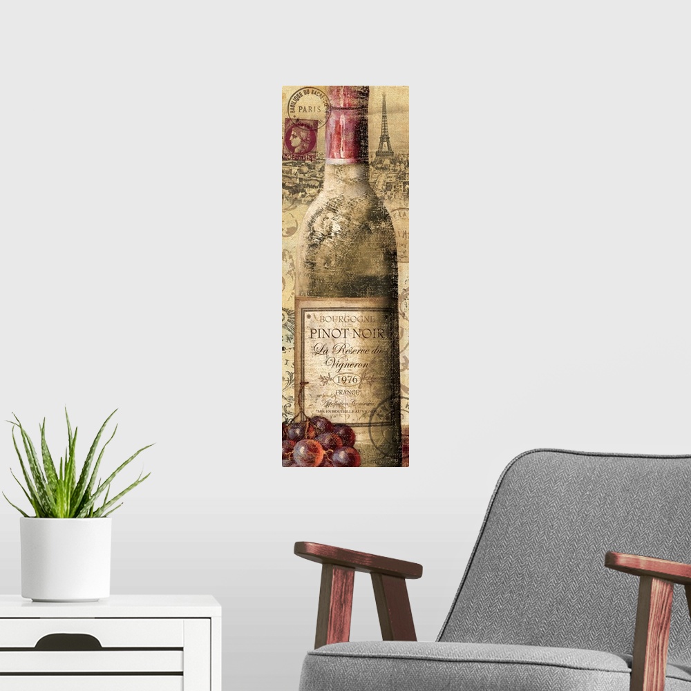 A modern room featuring Contemporary painting of a wine bottle with the Eiffel Tower in the background.