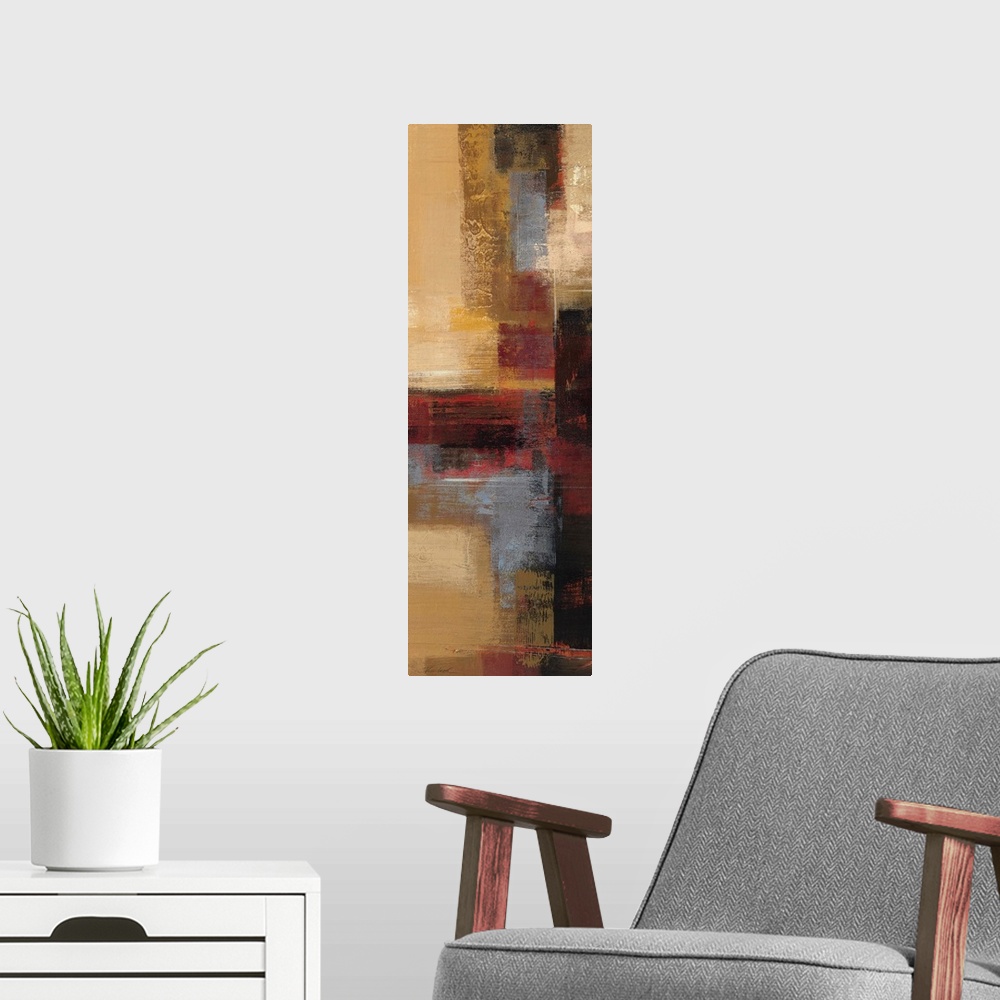 A modern room featuring Abstract painting with different earth toned strokes.