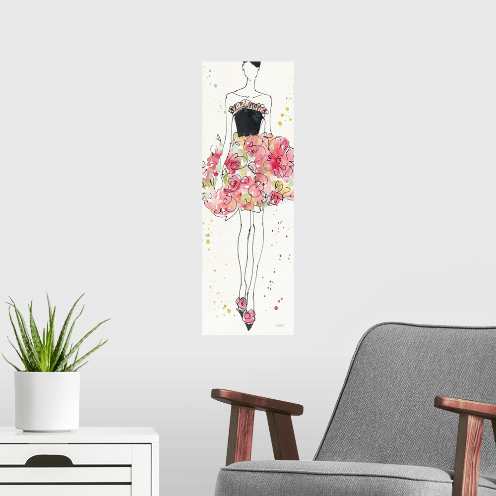 A modern room featuring Watercolor painting of a woman wearing a black strapless dress with a floral bottom.