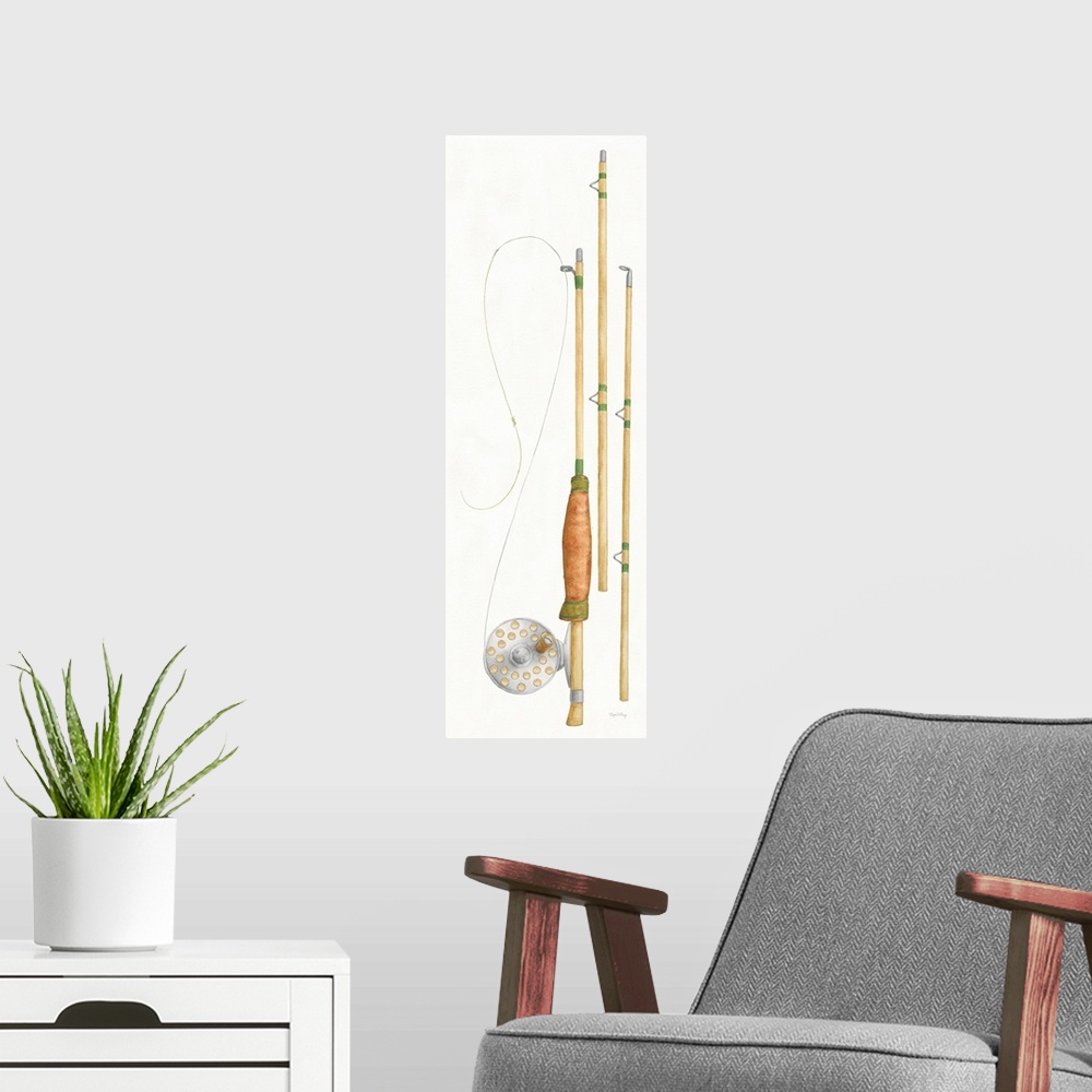 A modern room featuring Large watercolor painting of a fly fishing pole and reel on a white background.
