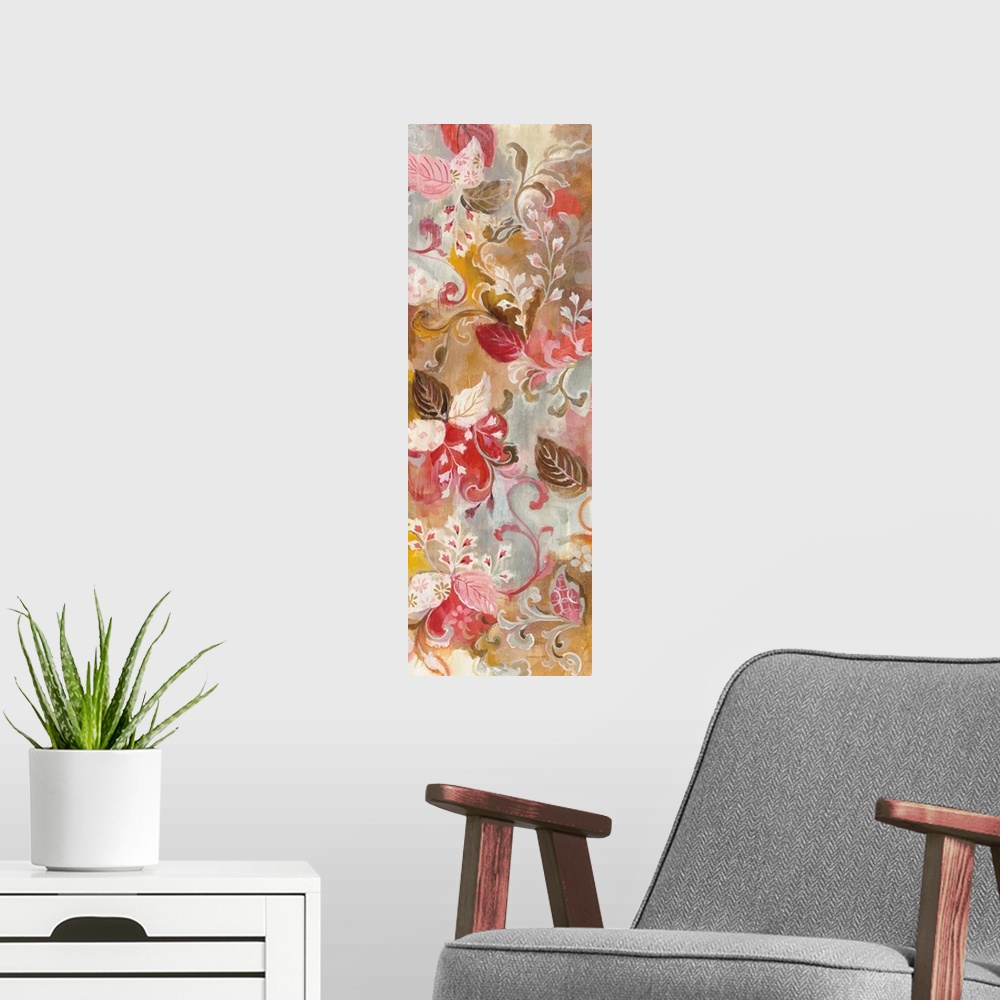 A modern room featuring Tall painting of pink, white, and brown leaves and flowers with a red, gold, and grey background.