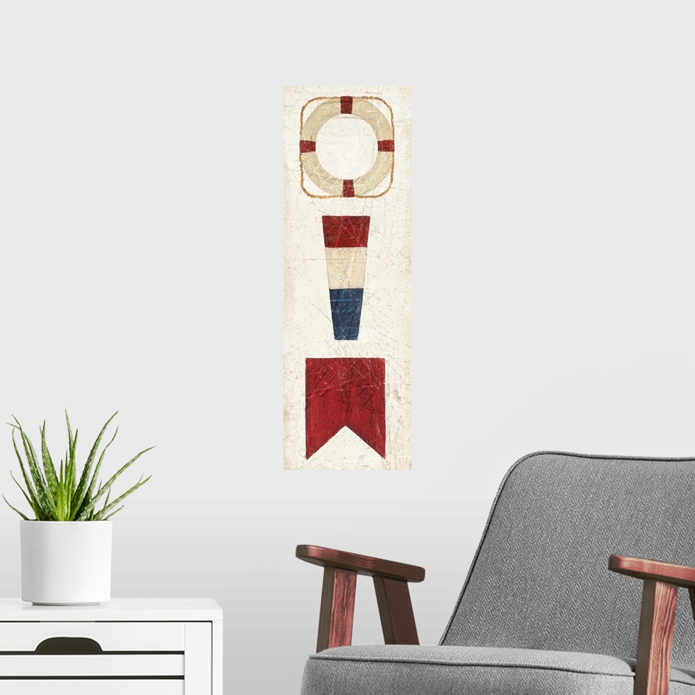 A modern room featuring Vertical painting of three nautical elements, including two flags and a lifesaver.