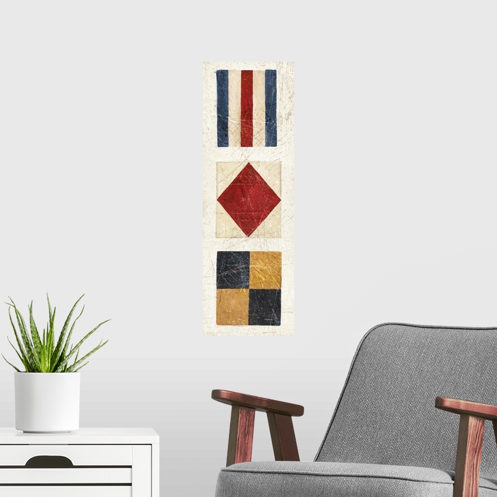 A modern room featuring Vertical painting of three nautical flags.