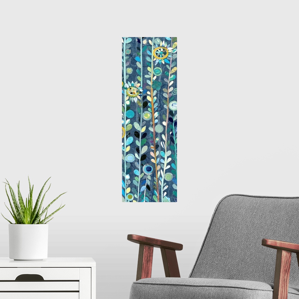 A modern room featuring Contemporary painting of long stems of leafy flowers against a navy blue background.