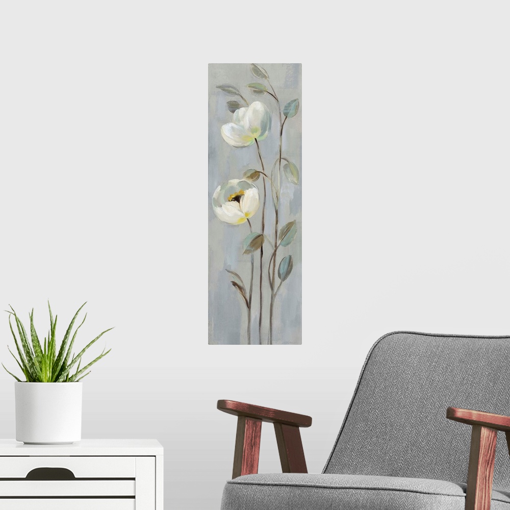 A modern room featuring Tall cool toned painting of white flowers with long, thin stems on a grey background.