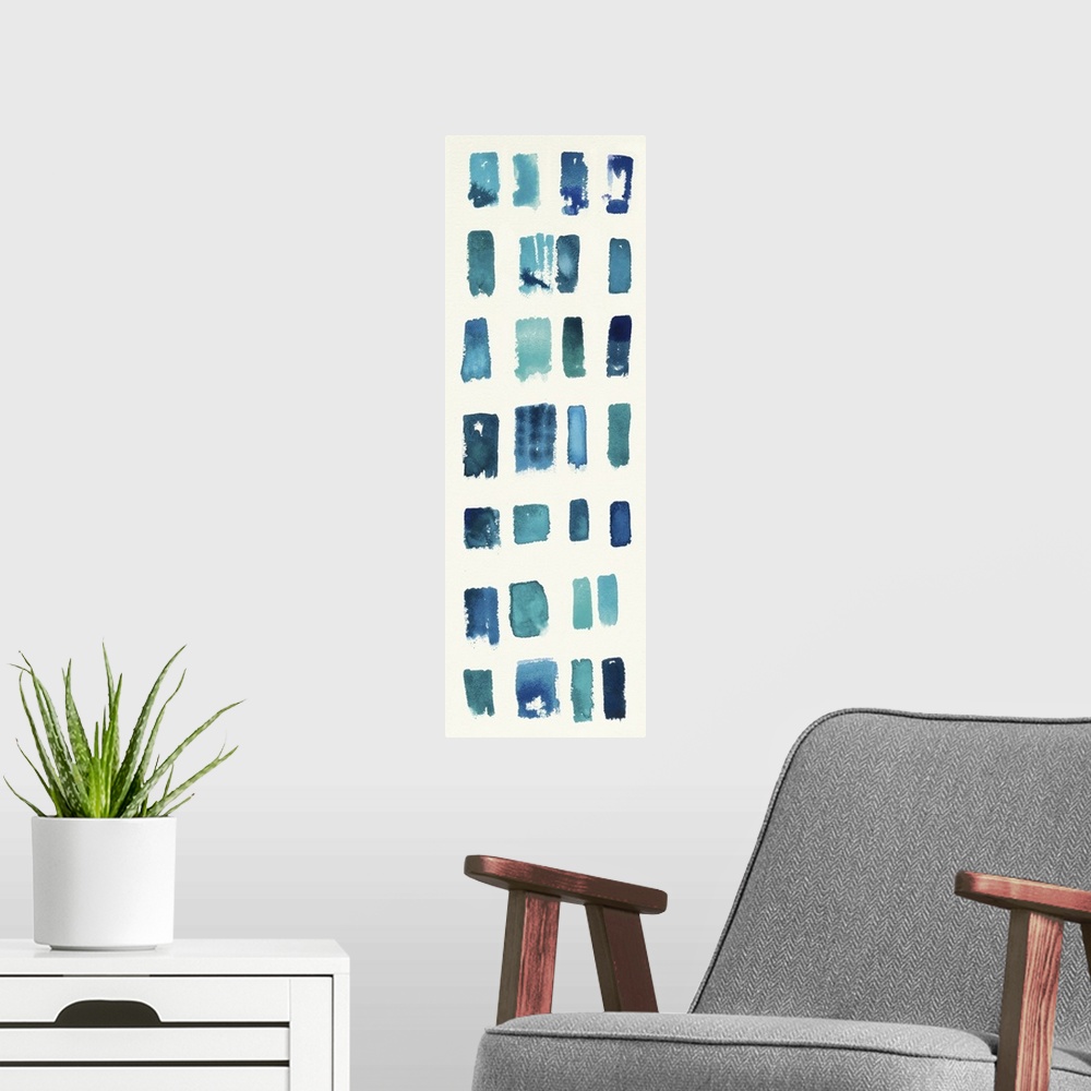 A modern room featuring Contemporary abstract home decor artwork of distressed turquoise green and blue shapes against a ...