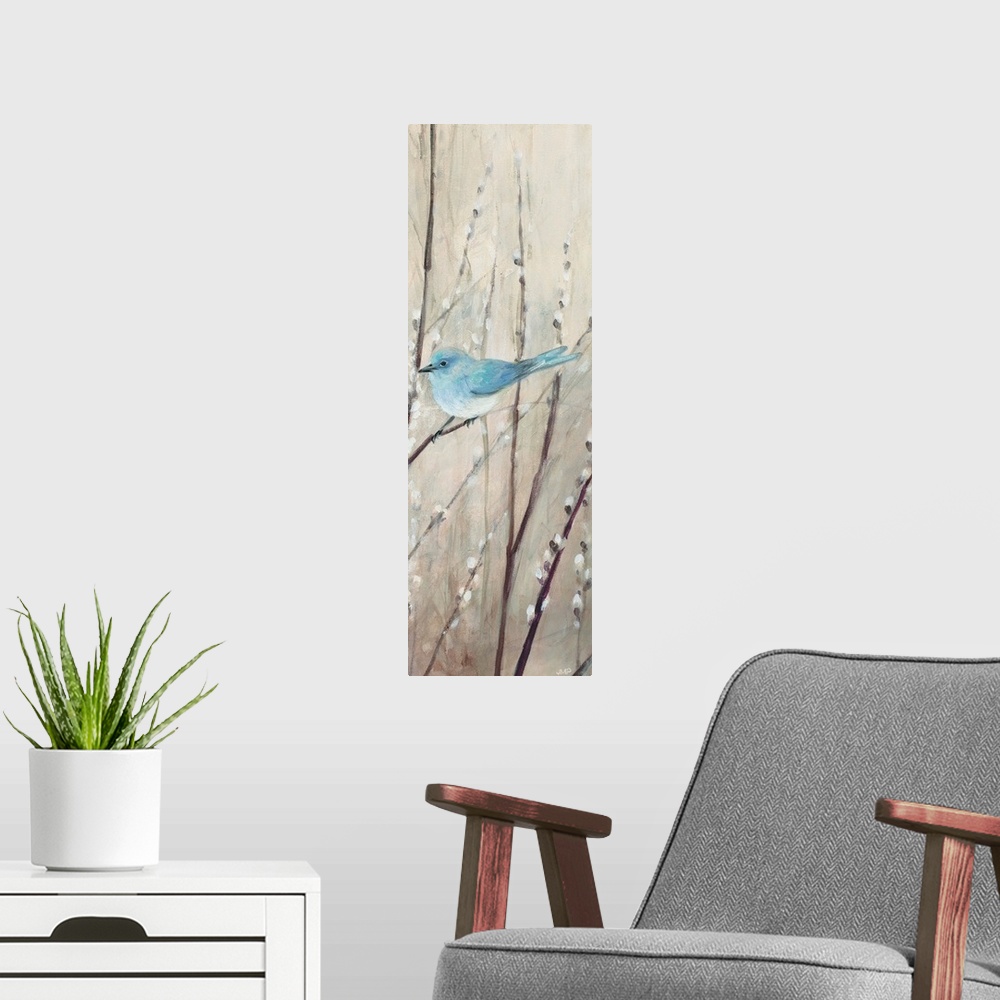 A modern room featuring Contemporary artwork featuring a blue bird perched on pussy willow branches over a neutral backgr...