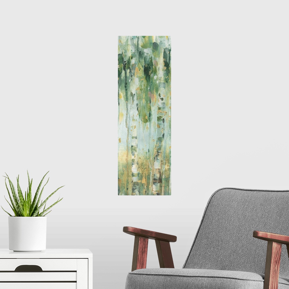 A modern room featuring Tall and skinny vertical contemporary abstract painting with lines of green, blue, yellow, and go...