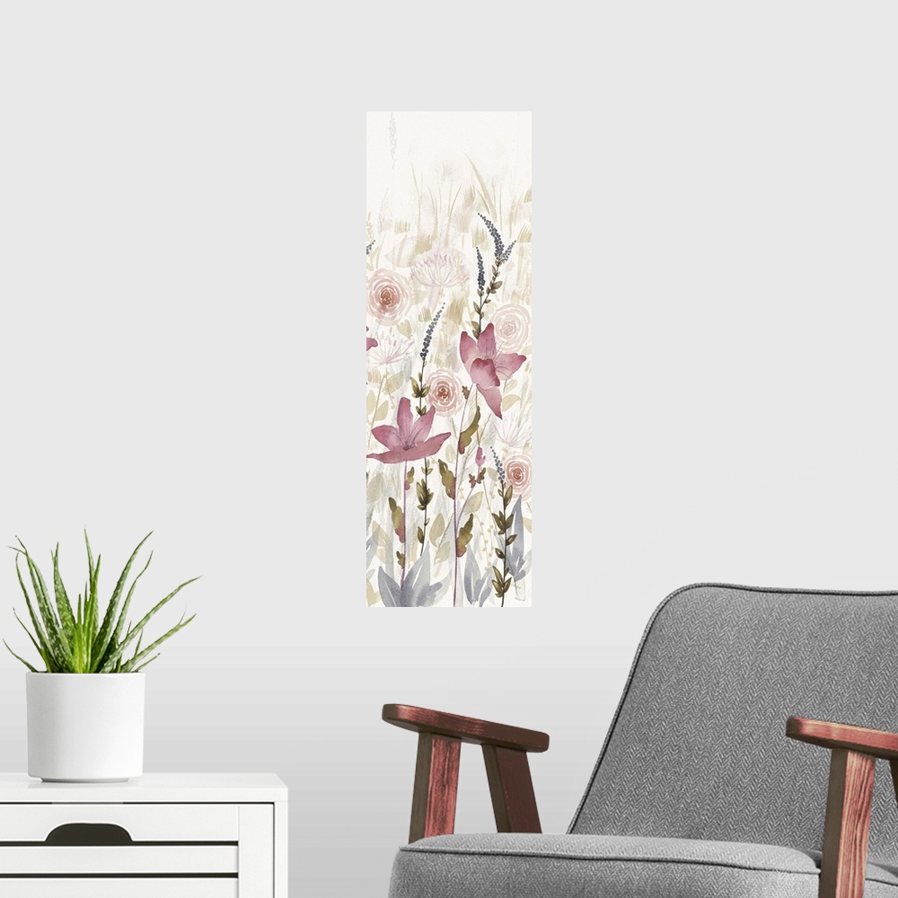 A modern room featuring Long vertical watercolor painting of pink flowers in a garden with faded flower details in the ba...