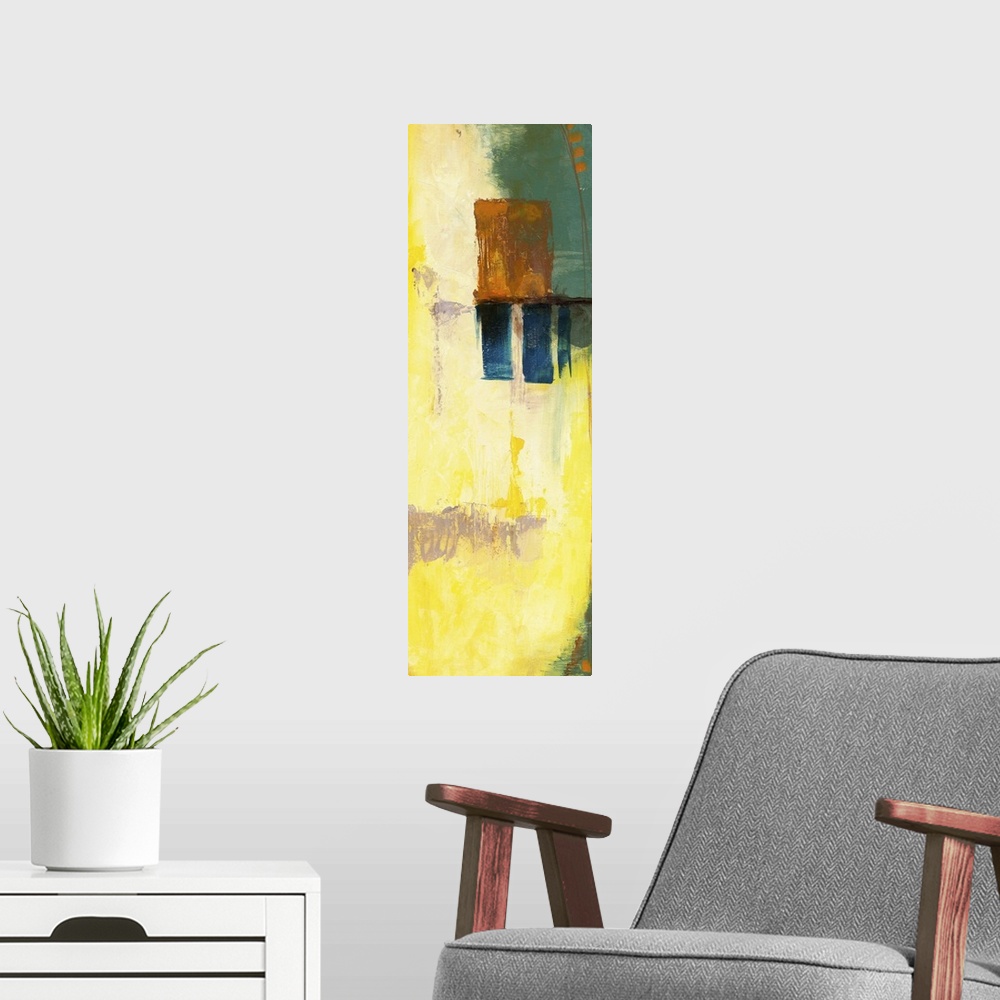 A modern room featuring Contemporary abstract painting using bright yellow and dark green.