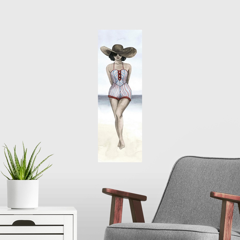 A modern room featuring Watercolor portrait of a beautiful woman wearing a large hat, posing on the beach.