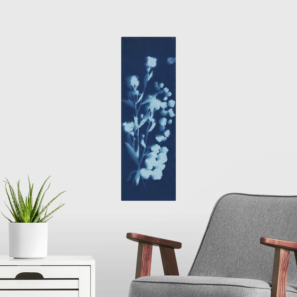 A modern room featuring A blueprint style cyanotype photograph of a plant.