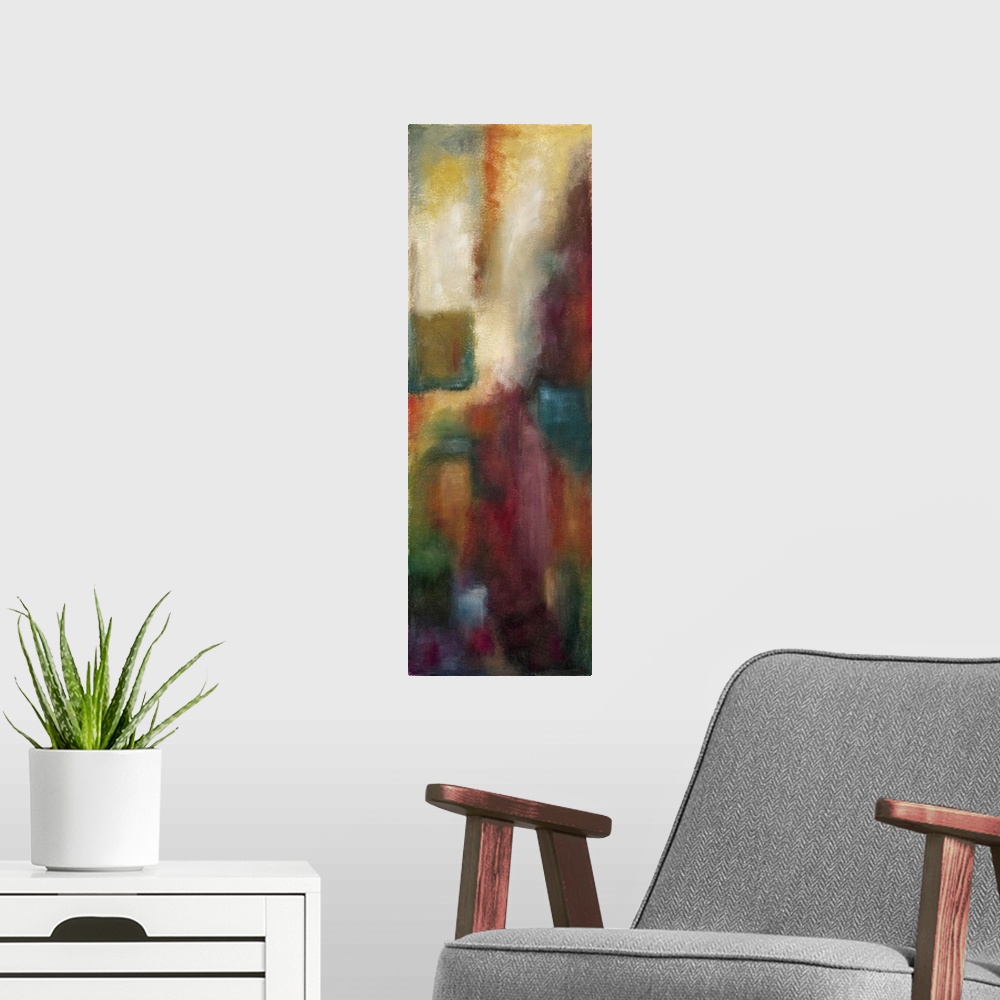 A modern room featuring Contemporary abstract painting using dark colors.
