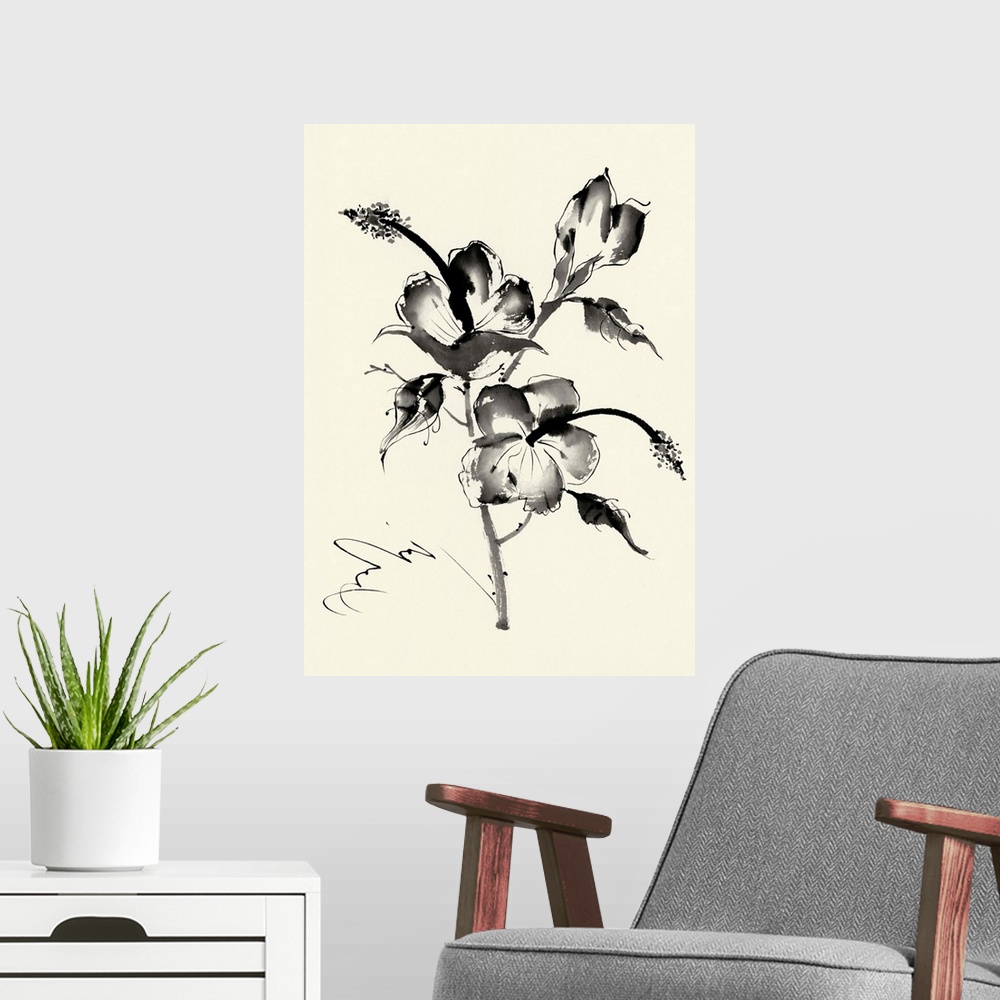 A modern room featuring Ink Wash Floral III - Hibiscus