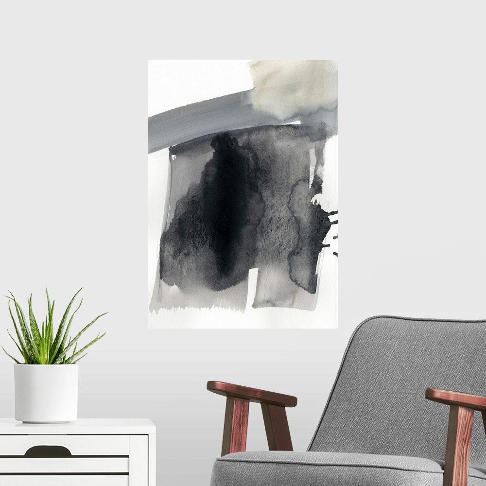 A modern room featuring Vertical abstract painting of free form brush strokes of neutral colors.