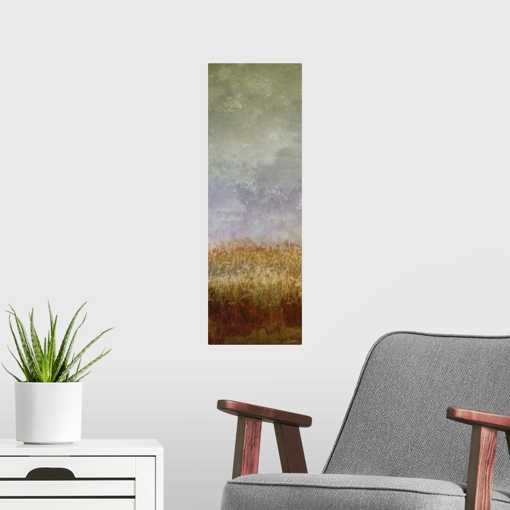 A modern room featuring A contemporary abstract painting of a golden field under a gray sky.
