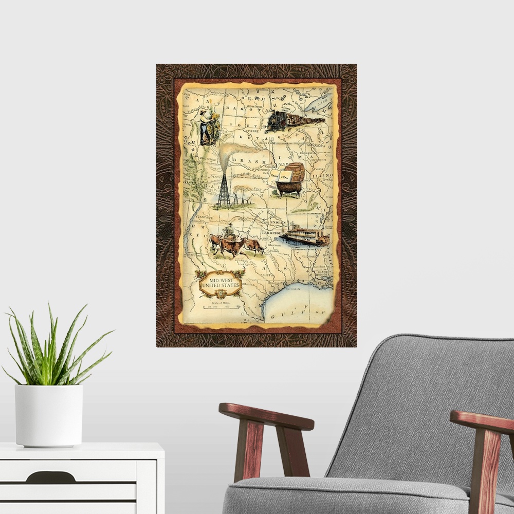 A modern room featuring Midwest States Map