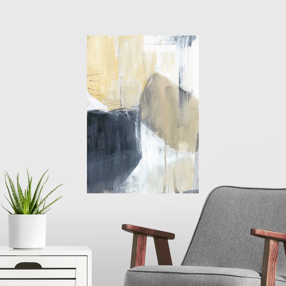 A modern room featuring This contemporary artwork features blocks of gray and yellow with distressed textures to illustra...