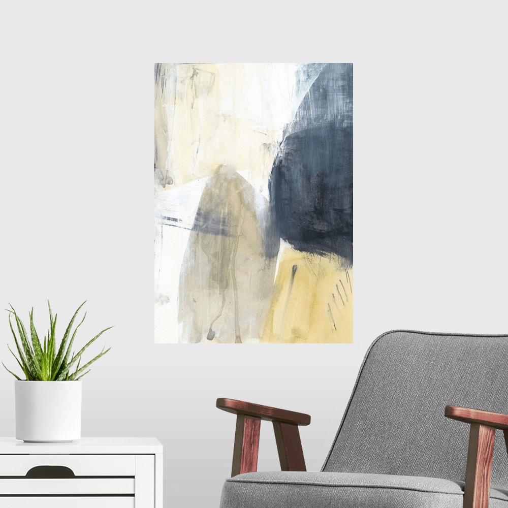 A modern room featuring This contemporary artwork features blocks of gray and yellow with distressed textures to illustra...