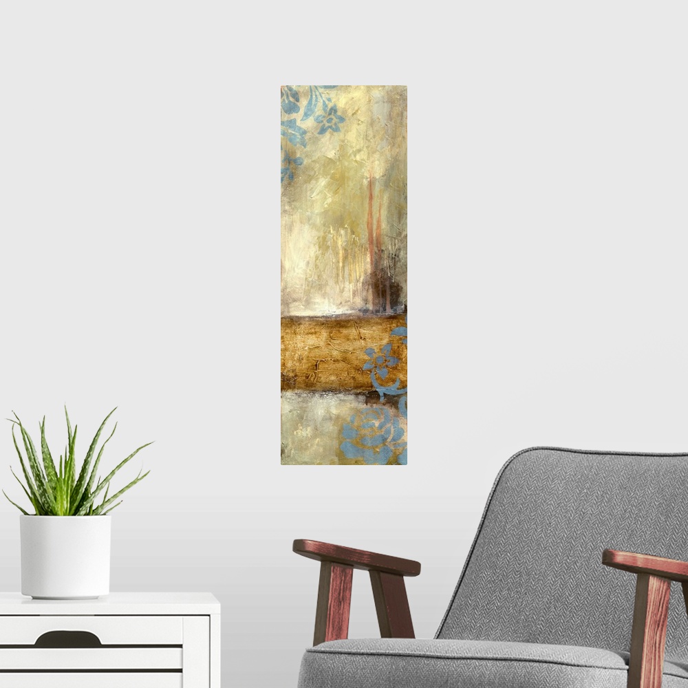 A modern room featuring Contemporary abstract painting using dark weathered colors and rustic textures.